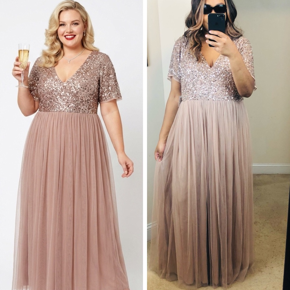 MAYA DELUXE Tan Silver Sequin Tulle Chiffon PLUS SZ Long Formal Evening Dress